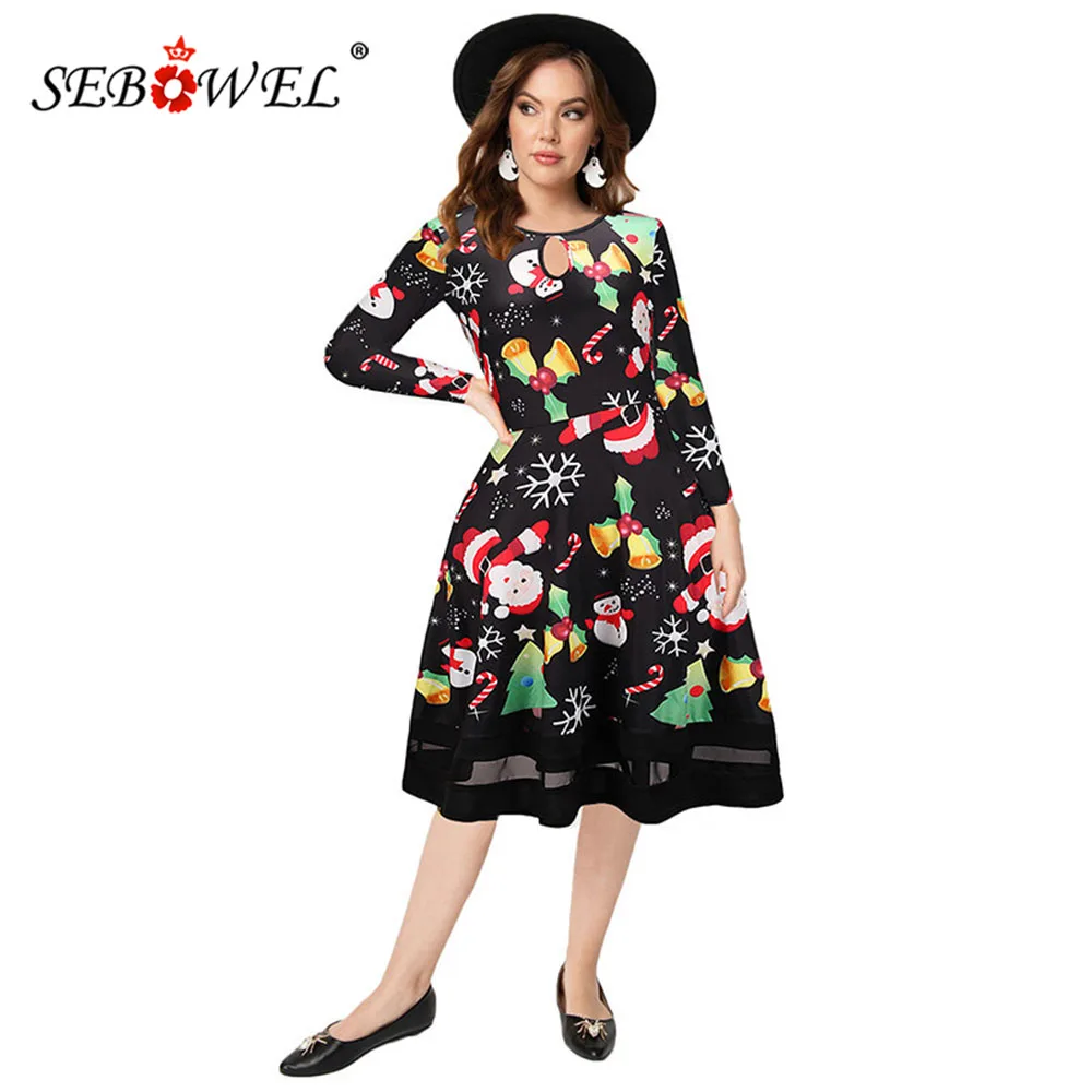 

SEBOWEL Christmas Dress Women Retro Print Long Sleeve Round Neck Slim A-line Dresses Female Xmas Pattern Midi Dress S-XXL