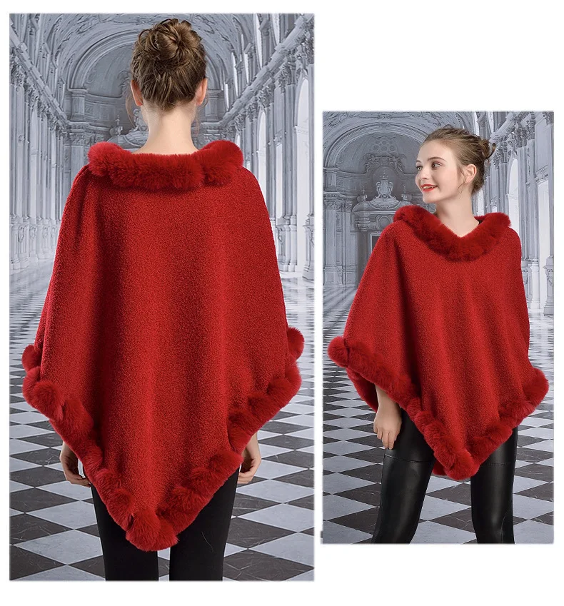 Бархатное пончо с лисьим мехом накидка воротником из искусственного лисьего