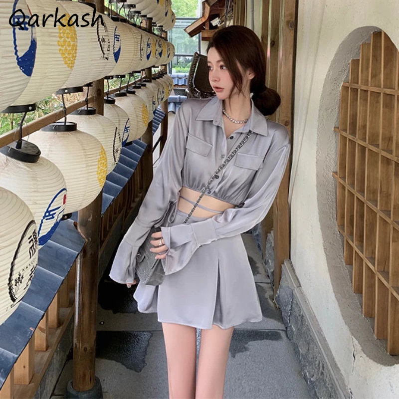 

Women Set Solid A-line Bandage Skirt Long Sleeve Cropped Shirts Retro Comfortable Leisure Sexy Stylish Summer Slim Design Ins