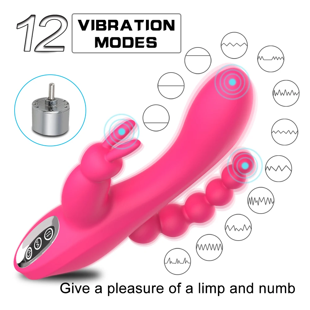 Кролик вибратор G spot анальный тройной КРИВЫЙ 12 функций перезаряжаемый Стимулятор