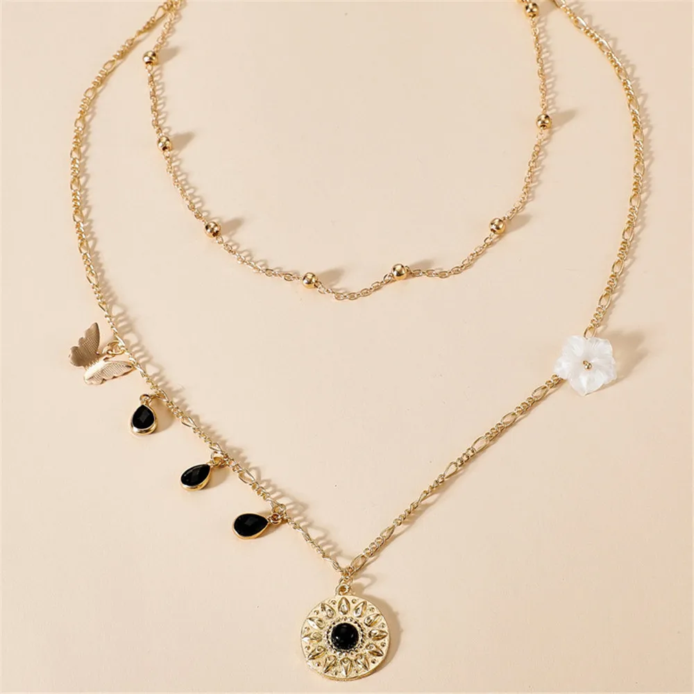 

Fashion Butterfly Element Necklace Geometric Rhinestone Water Drop Flower Two-layer Collar Women's Neck Chain Vintage
