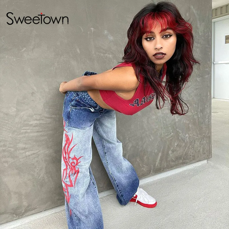 

Girl E Waist Aesthetic Baggy Wide Vintage Print Trousers Jeans Women 90s Cargo Pants Denim Sweetown Korean Mom Leg Gradient Low