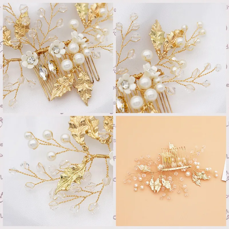

Handmade Bridal Wedding Jewelry Leaf Crystal Hair Comb Gold Color Pins for Women Accessories Bride Headpiece Ornaments Gifts