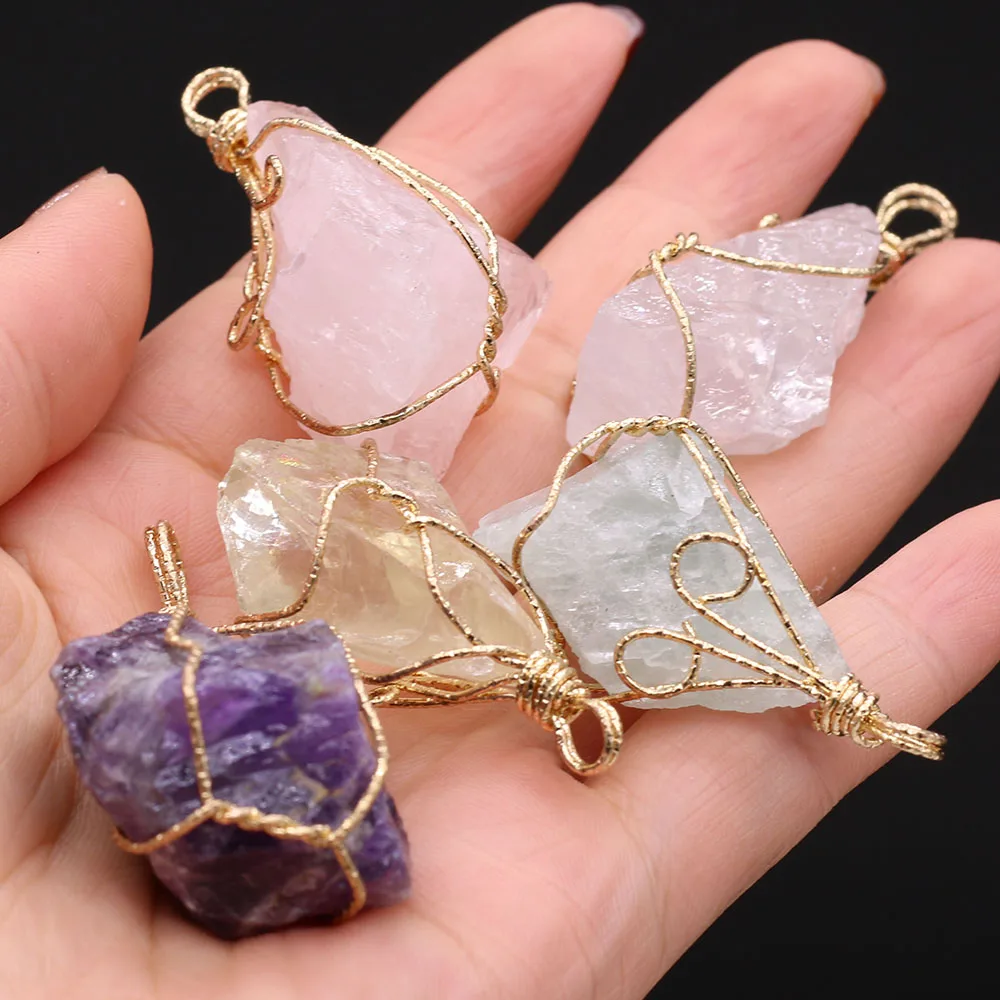 

Natural Crystal Pendant Rose Quartzs Amethysts Citrine Rough Pendants Necklace Copper Wire Wrapped Goldtone For Jewelry Making