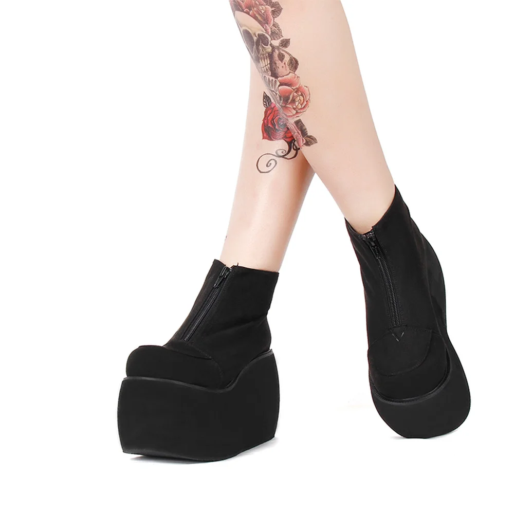 

Hot Sale Japanese Punk Lady 10Cm Wedges Heel Boots Zipper Platform Creepers Shoes Harajuku Dark JK Womens Zipper Punk Black New
