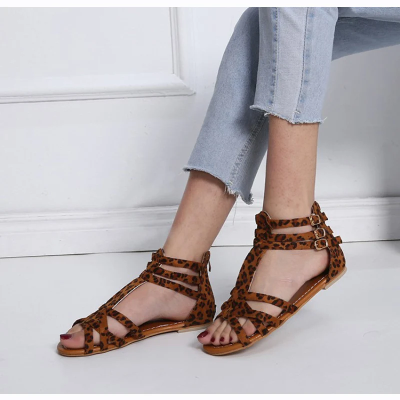 Женские сандалии в римском стиле Леопардовые женские сандалии-гладиаторы с