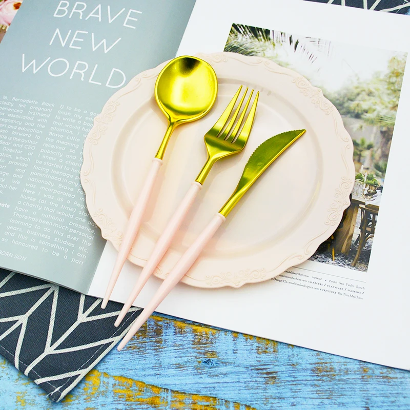 

24 Pieces Disposable Tableware Pink Gold Plastic Silverware White Silver Cutlery Wedding Birthday Xmas Party Tableware Supplies