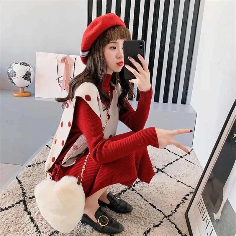 2019 свитер юбка волнистый жилет из двух частей женское осеннее платье новый стиль