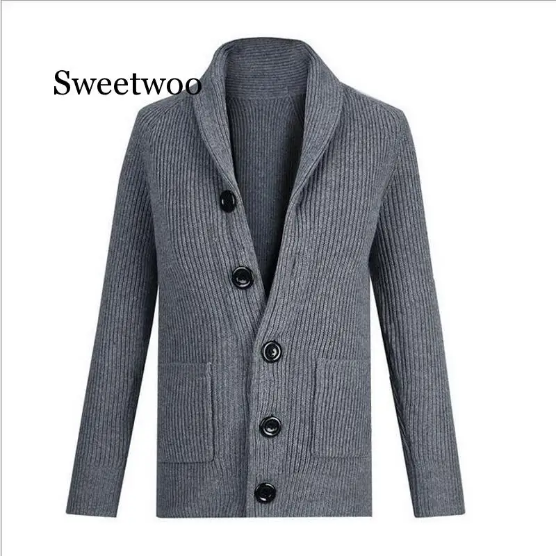 Мужской плотный кардиган с отложным воротником шерстяной свитер серого и