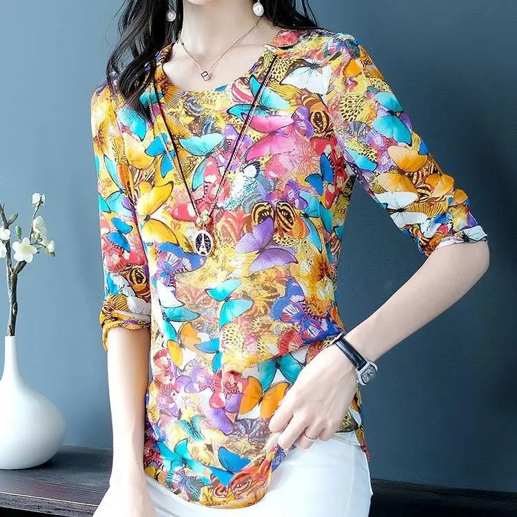 

Plus size Tops Chiffon Blouse Women Short sleeve Tunic Summer Butterfly O neck Long Shirt Ladies Clothes Casual