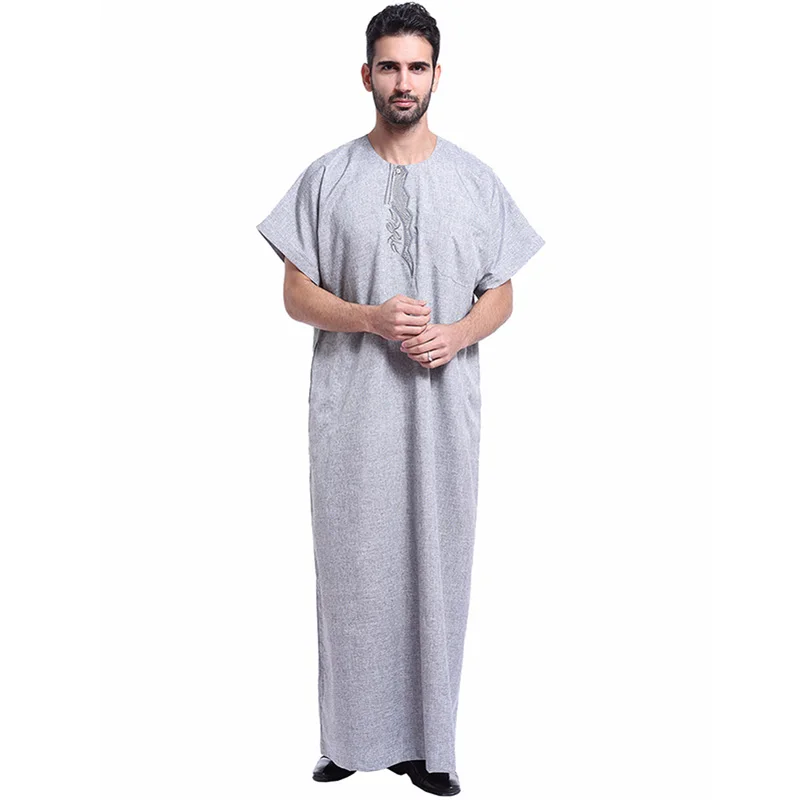 Fashion Muslim Saudi Arabia Embroidery Short Sleeve Men's Robe Large Size Islamic Clothing Ramadan Mosque Prayer Long Skirt