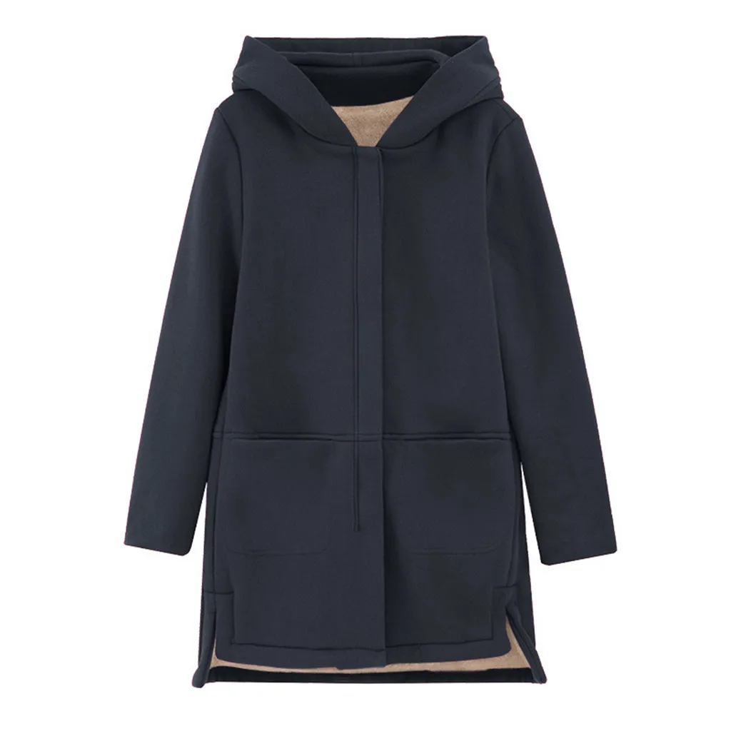 Женское длинное пальто с капюшоном теплое плотное приталенное флисовой