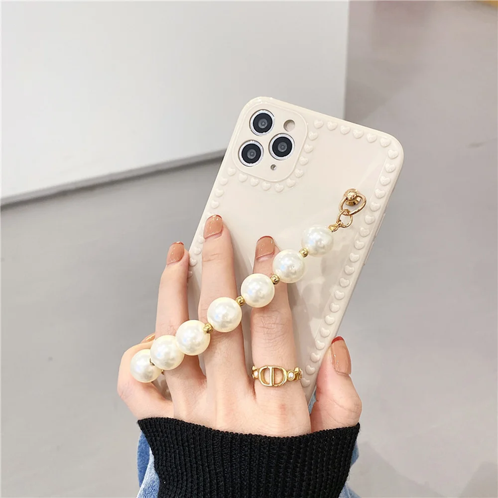 

Fashion Pearl Bracelet Wrist Chain Phone Case For iPhone 12 11 Pro Max XR SE 2020 X XS 7 8 Plus 12Mini Candy Color Cover Funda