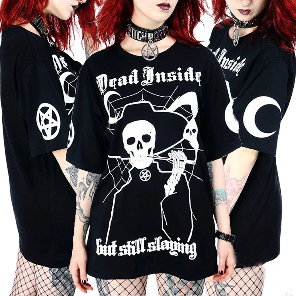 Готическая Футболка с принтом темного черепа женские летние короткие топы в