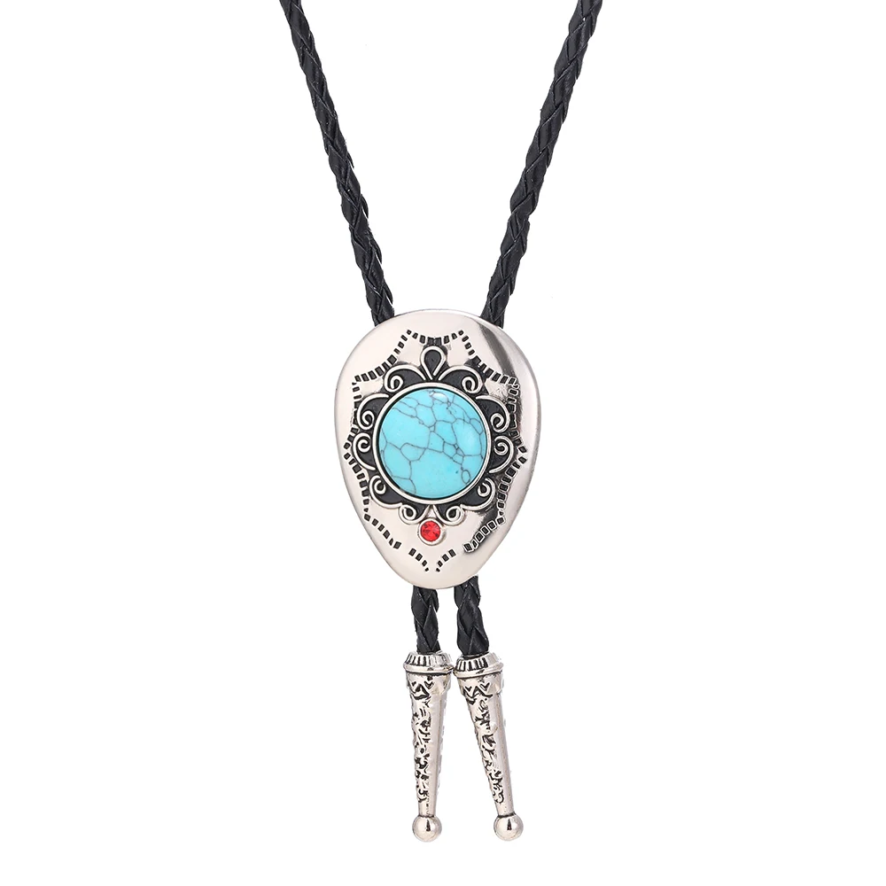 KDG western cowboy zinc alloy point natural turquoise men and women pendant with leather rope bolo tie necklace