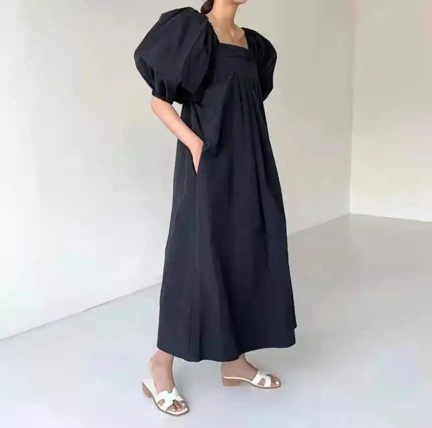 

Korean French Style Vintage Square Collar Women's Long Dress Loose Chic Puff Sleeve Black Dresses Female Casual Clothes Lady