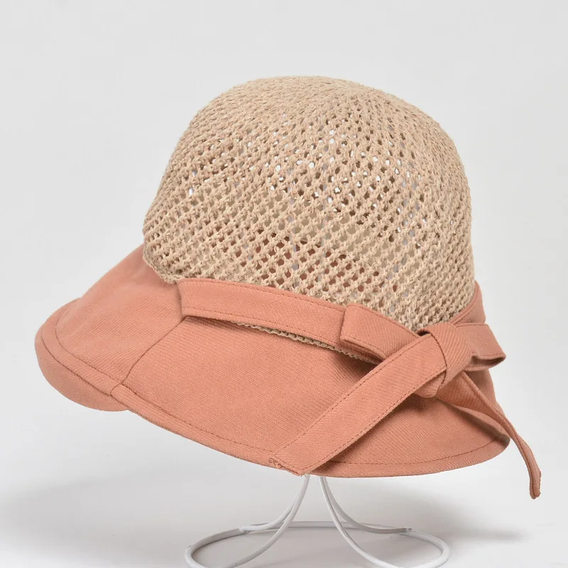

Women Summer Hollow Out Bowknot Straw Hats UV Protection Hat Outdoor Beach Breathable Sunhat Foldable Bucket Hat