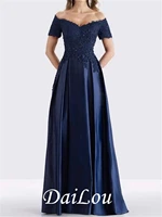 a line mother of the bride dress elegant off shoulder floor length lace satin short sleeve with pleats beading 2021