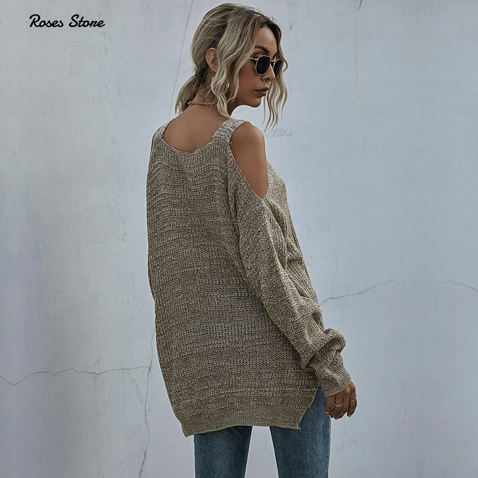 Women's Autumn Loose Lightweight Off Shoulder Sweater Khaki Pullovers Fashion Clothes Female Tops Streetwear Spring Y2K Jumpers | Женская