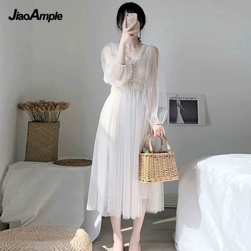 

2022 New Girls Sweet Mesh White Dress Women Fashion Elegant Button A-Line Lace V-neck Gown Spring Summer Puff Sleeve Clothing