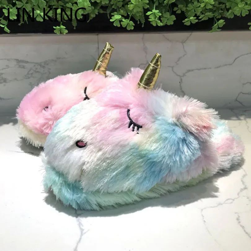 LIN KING/разноцветные меховые тапочки с единорогом Унисекс Женская и мужская зимняя