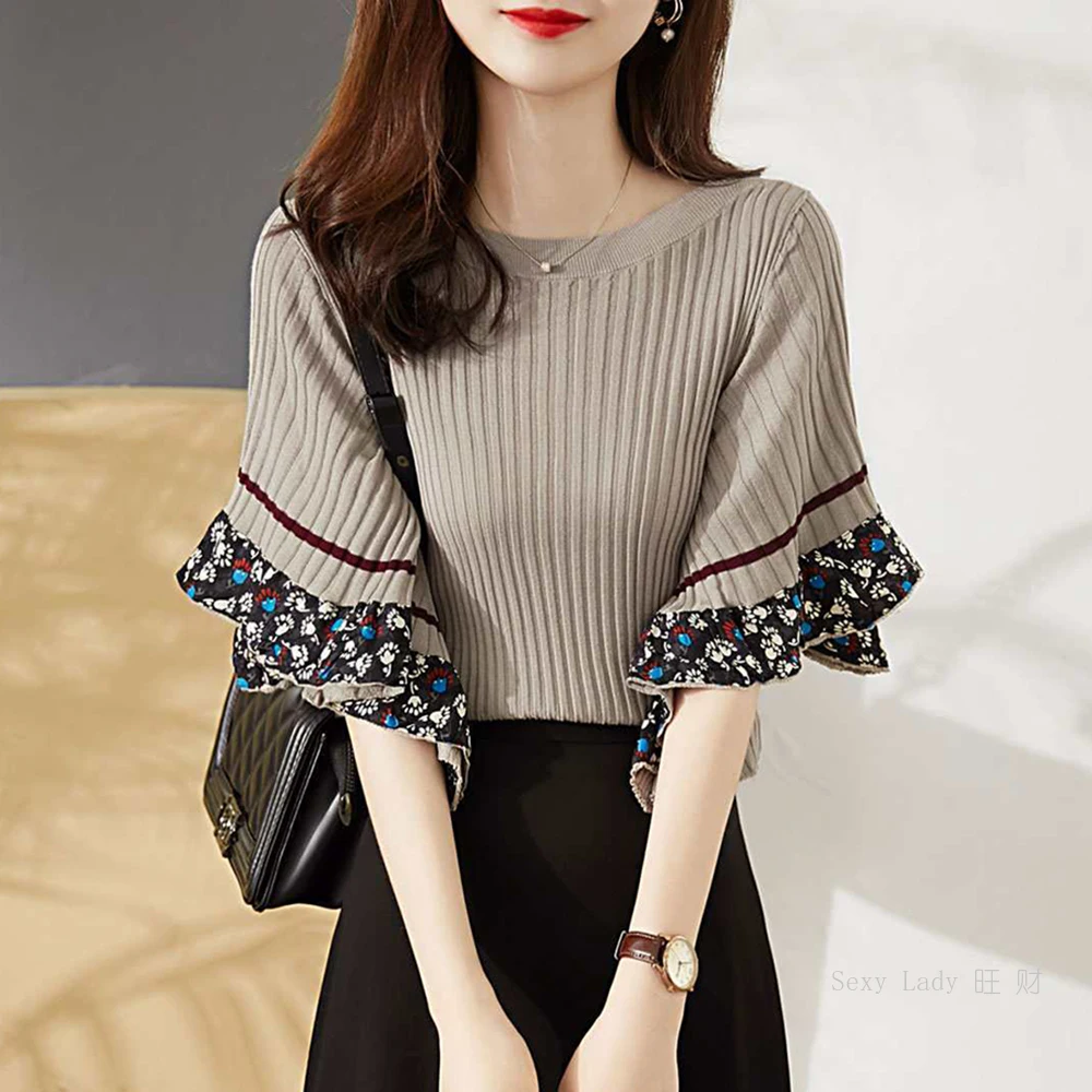 

Sweater T-shirt Women's Fashion Simple Loose Short Sleeve Knitwear Flared Sleeves Cute Korean Style Pullover Printed Stitching