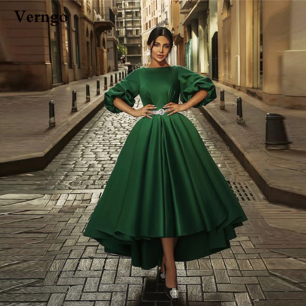 

Verngo Modest Emerald Green Satin Evening Dresses Simple Bateau Neck Puff Sleeves Tea Length High Low Graduation Prom Gowns