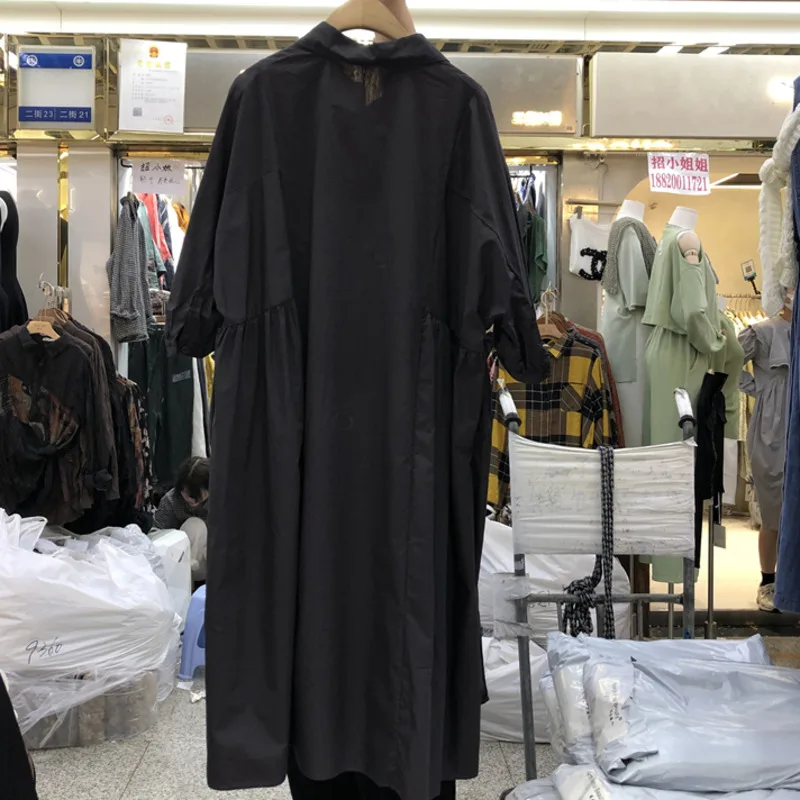 

IEQJ Korean Version Of The New Summer Of 2021 POLO Collar Loose Pockets Solid Color Shirring Casual Shirt Dress Trend 3F0495