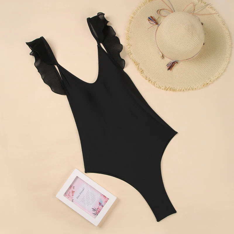 Высокое качество 2020 купальник женский пляжный Одноцветный цельный черный Боди
