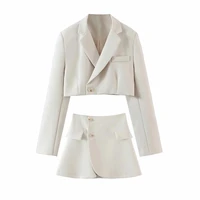 women two piece set long sleeve solid color blazer and high waist skirts lapel exposed navel one button short blazer female