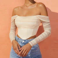 womens autumn and winter 2021 new fashion temperament net yarn fish bone perspective line neck cropped short blouse women