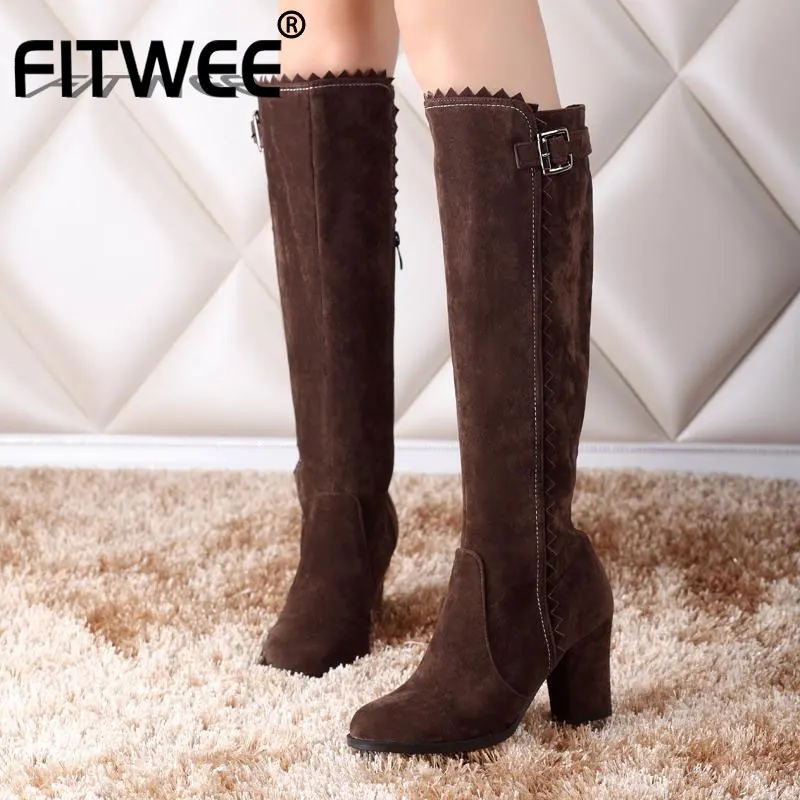 Женские сапоги до колена FITWEE зимние теплые размера плюс 32 48 на меху с пряжкой