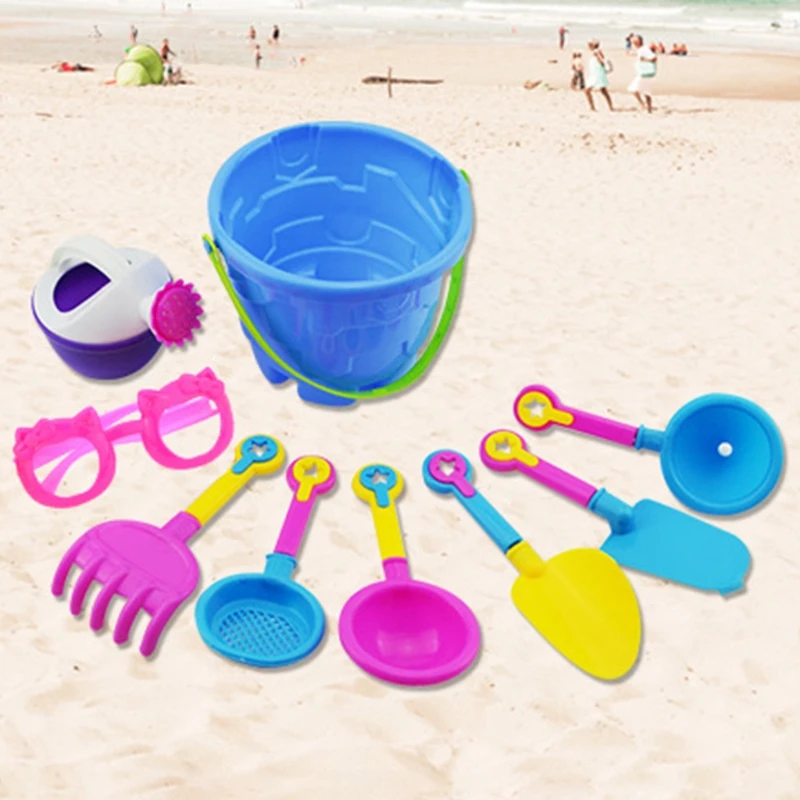 

9 Pieces Sand Toys Set in Reusable Mesh Bag with Other Tools Kit Macaron Kids Beach Sand Toys Castle Shovel Bucket Set