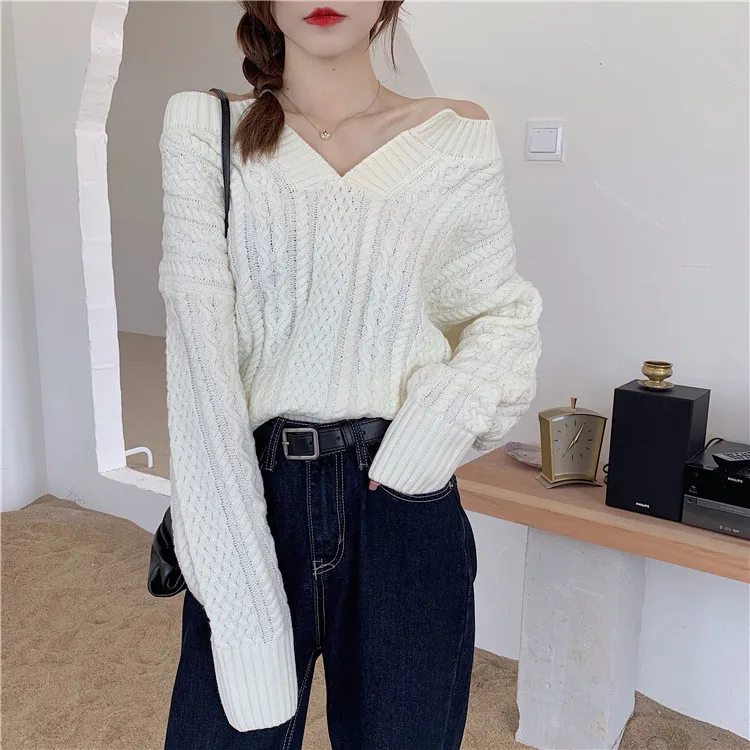 Вязаный женский пуловер весна-осень 2020 модный свитер на одно плечо сексуальный