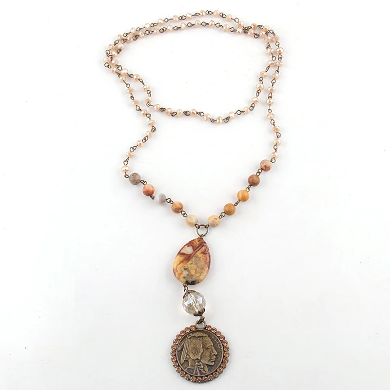 RH Fashion Bohemian Jewelry Accessory Natural Stones /Glass Crystal Buffalo Pendant Necklaces Women Boho Necklace Gift Dropship
