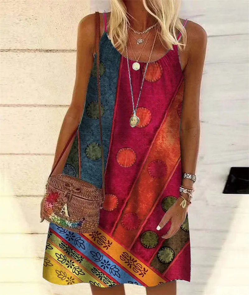 

Vintage Print Women Dresses Spaghetti Strap Sexy Summer Dress Sleeveelss Beach Casual Dress 5XL Big Size Lady Loose Mini Dress