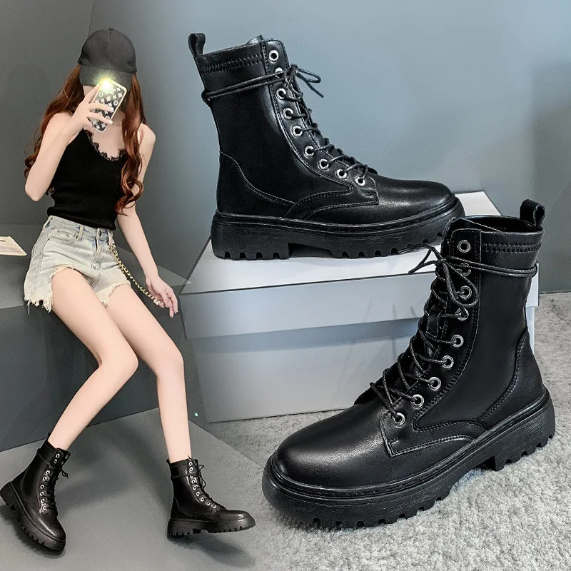 

White Black PU Leather Ankle Boots Women Autumn Winter Round Toe Lace Up Shoes Woman Fashion Motorcycle Platform Botas