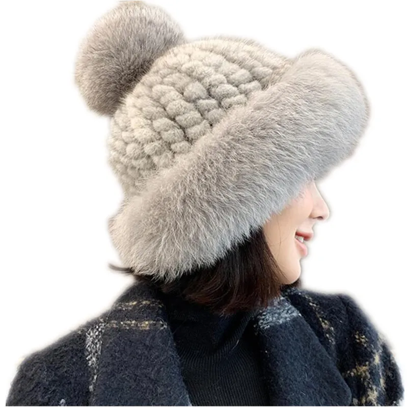 hat women's winter real mink fur hats with big genuine fox fur pompom girl beanies 2020 new design warm thick knitted bonnet H79