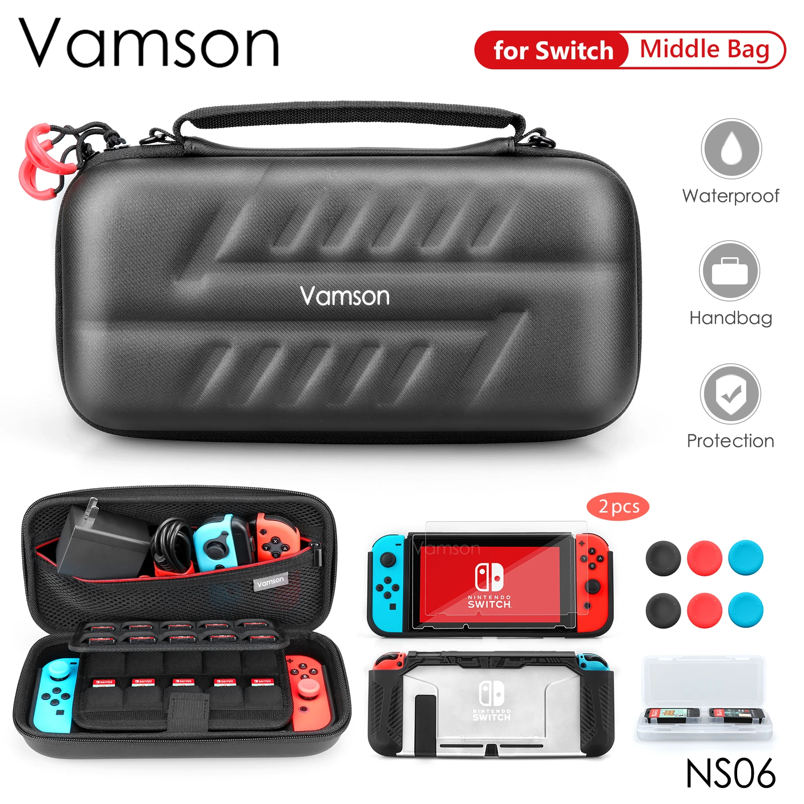 

Vamson for Switch Case Waterproof Travel Bag Blade TPU Grip Protective Cover Charging Cable for Nintendo Switch Accessories NS06