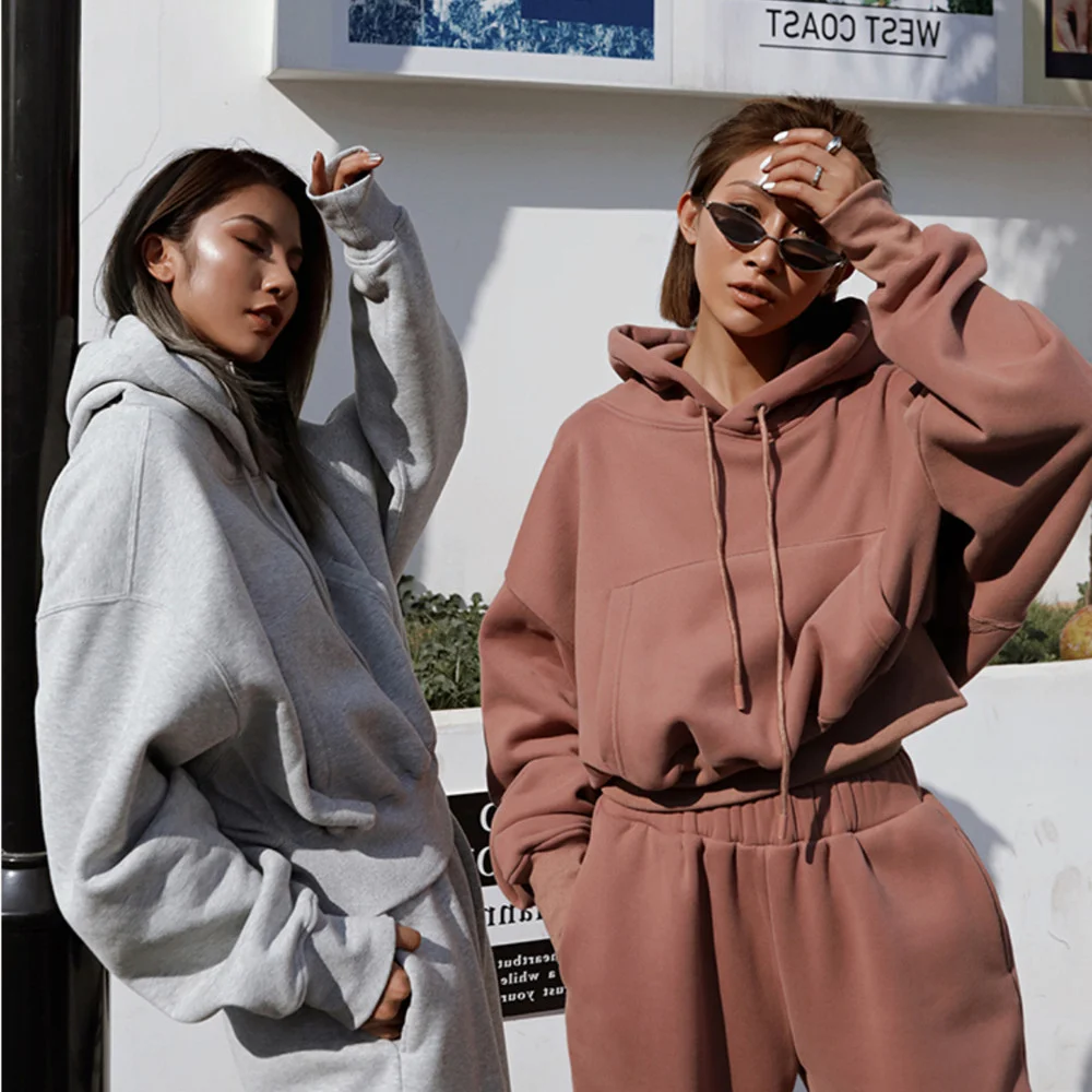 

2 Piece Fleece Streetwear Women Joggers Autumn 2021 Long Sleeve Hoodie and Pants Casual Solid Female Tracksuit