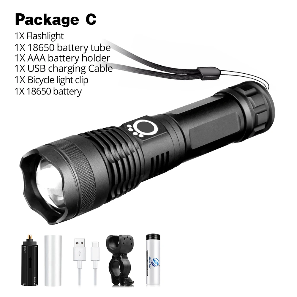 Package C XHP50 Светодиодный велосипедный фонарик 5 режим USB зарядки телескопический зум с использованием 18650 или 26650 - Цвет: Package C