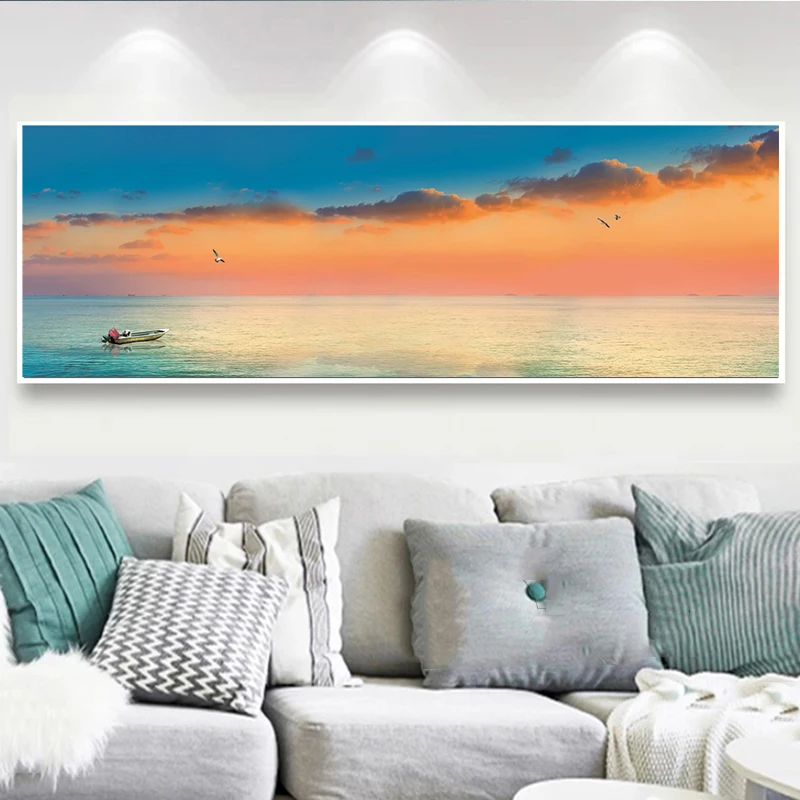 Abstract Seascape Sunset Glow Posters and Prints Wall Art Canvas Painting Coastal Red Clouds Picture for Living Room Décor | Дом и сад