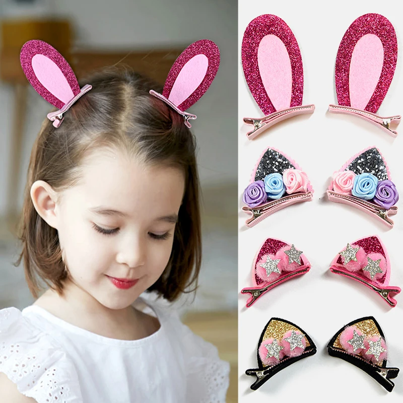 

2pcs/set Rainbow Glitter Cat Ears Hairpin Bunny Barrette Shiny Sequin Pretty Hair Clips for Girls Flower Hair Accessories