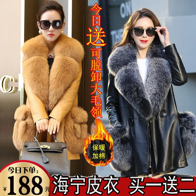 S-7XL Woman Faux Fur Leather Coat 20222 Long Thick Velvet Warm Jacket Detachable Imitate Big Fox Fur Collar Windbreaker Women