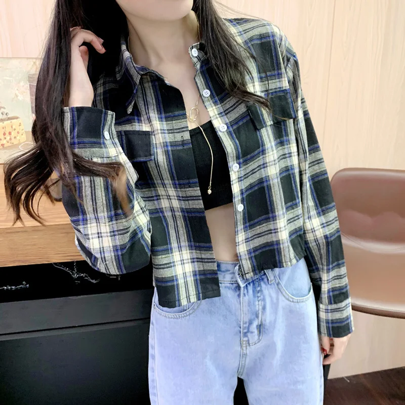 Платье 2020 костюм-платье в клетку короткий росы пупка рубашка кардиган отворот Ins