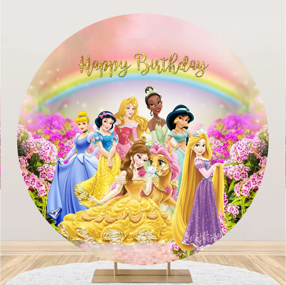 

Custom Baby Girl Happy Birthday Party Round Background Cartoon Princess Flowers Photography Backdrop Circle Stand Cover Banner