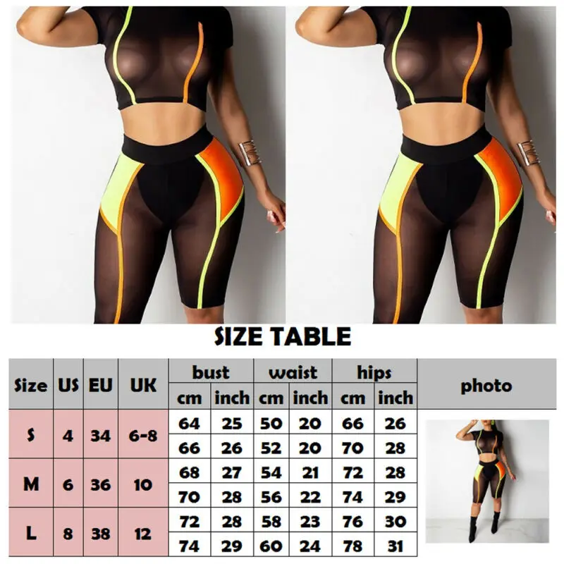 Women Summer 2Piece Set Crop Top and Shorts Bodycon Outfit Short Mesh Jumpsuit see through sexy women suit sportswear |