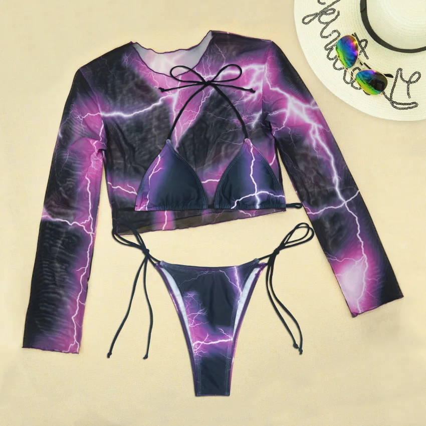 

3pcs Tid Dye Sexy Micro Bikini Sets For Women Halter Push Up Pads Swimsuit Low Waist Tied Side Brazilian Biquini Swimwear 2021