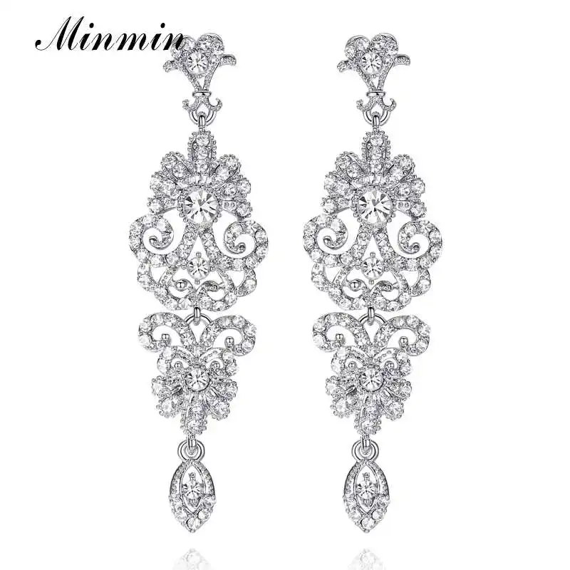 Minmin Роскошная длинная люстра свадебные серьги капли Блестящие кристаллы Висячие