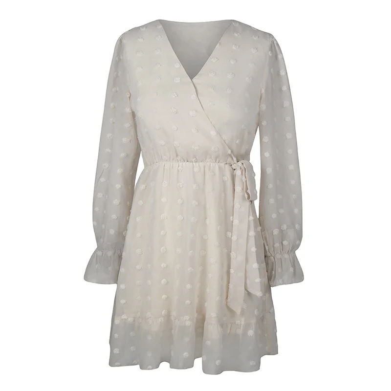 

2021 Summer Solid Color Chiffon Splicing Long Sleeve Women Dress Temperament V Neck Fairy Ruffle Hem Mini Ladies Dresses